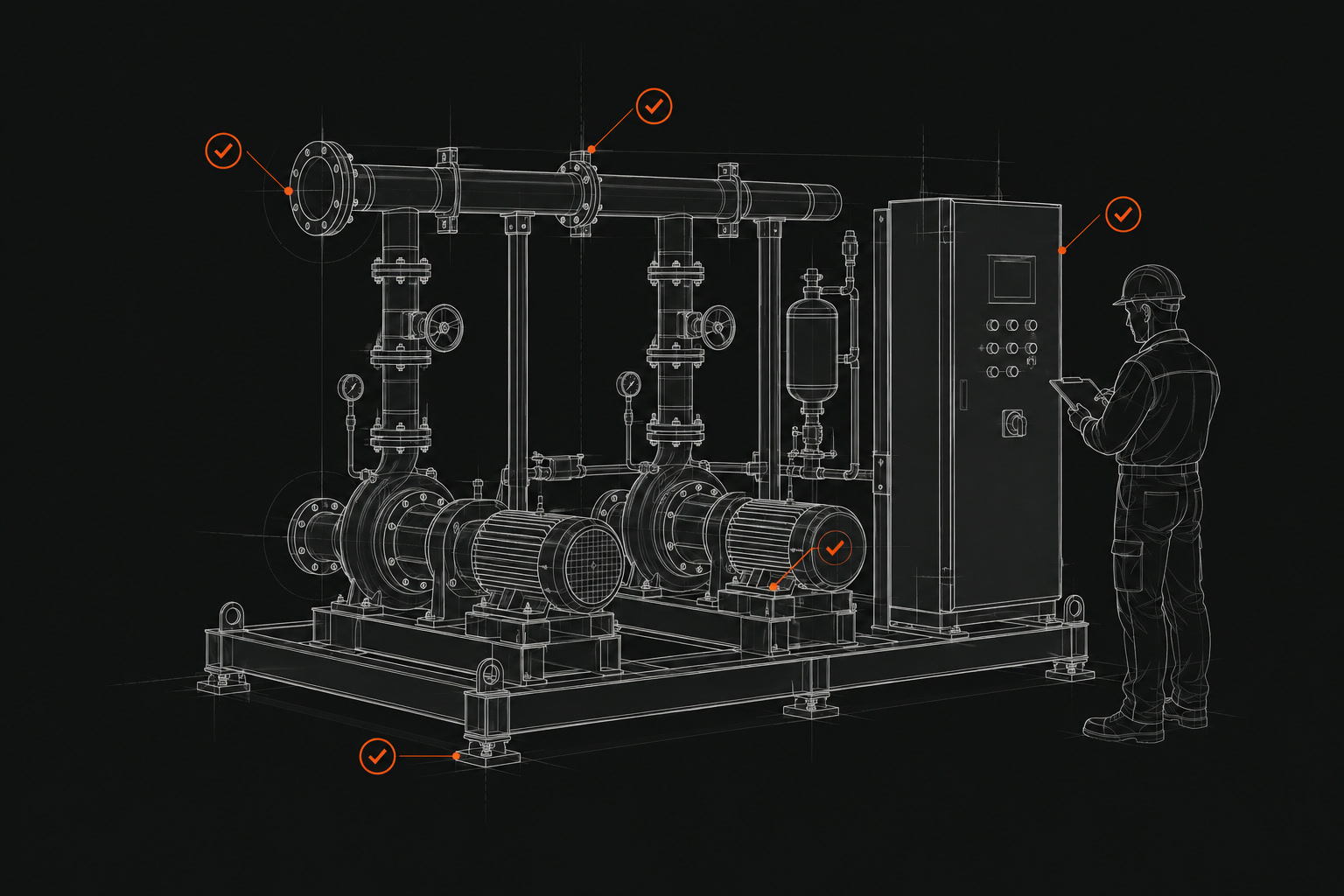 Technical concept sketch of a completed pump skid and control cabinet with inspection markers