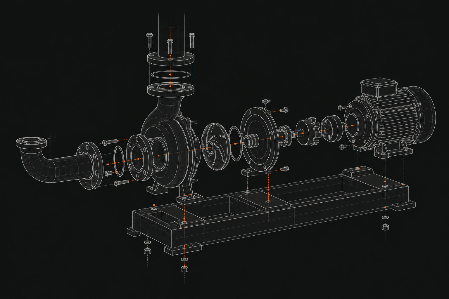 Exploded technical concept sketch of a pump assembly and connecting components