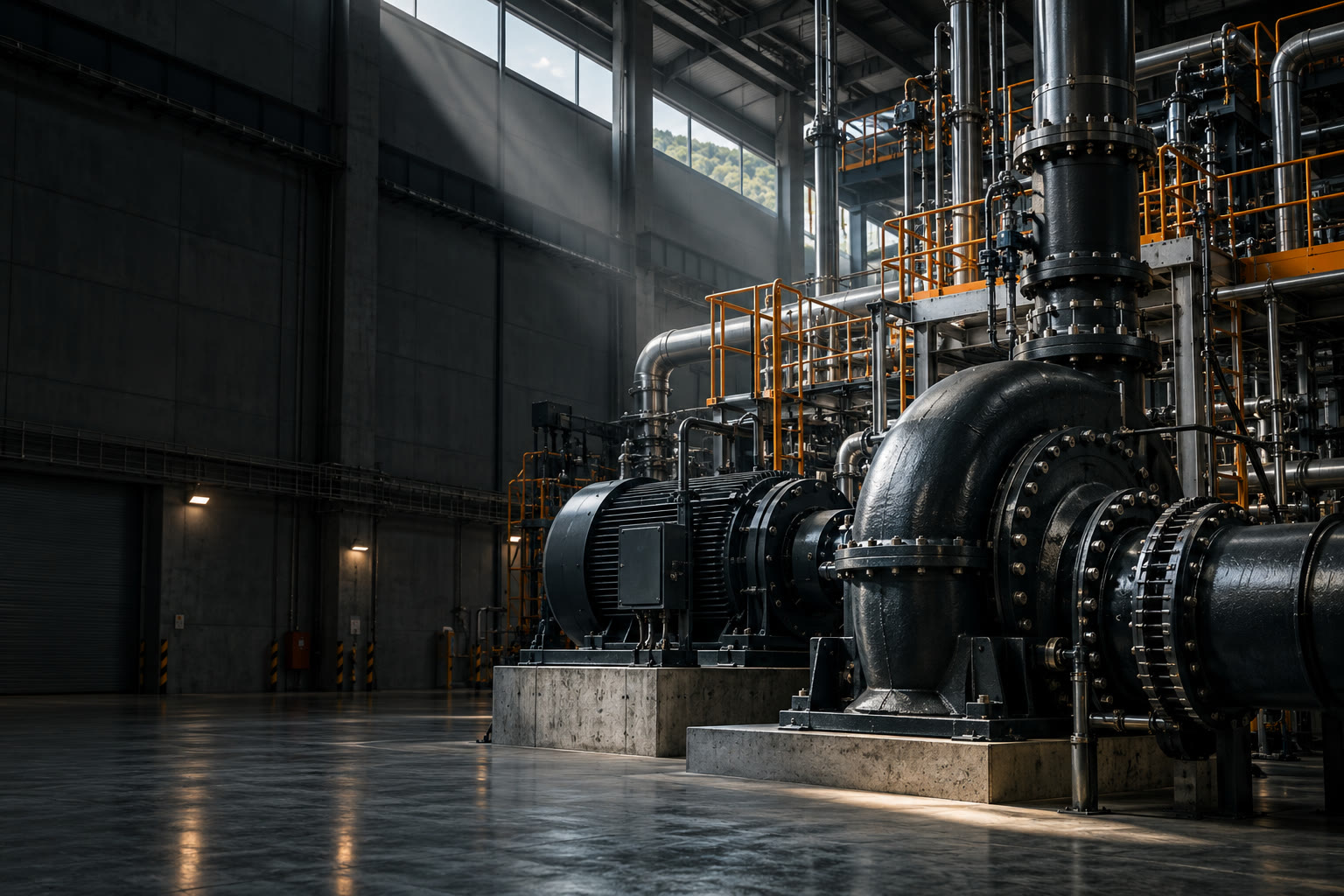 Conceptual industrial machinery with orange safety railings