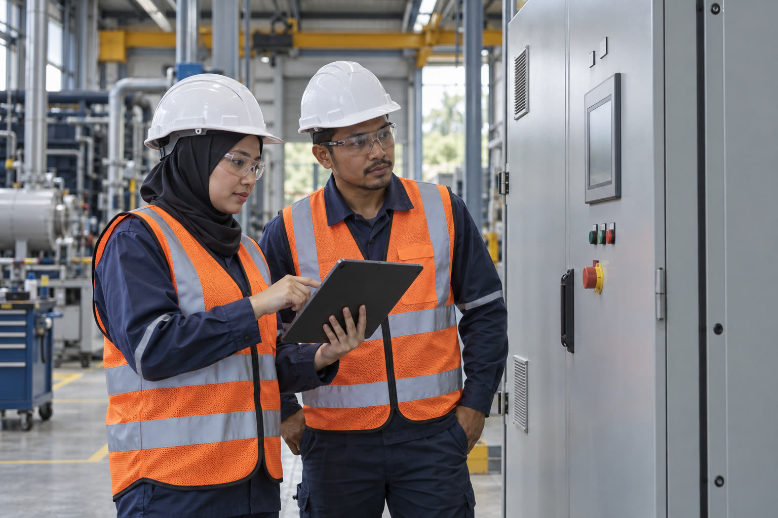 AI-generated engineers reviewing an industrial control cabinet