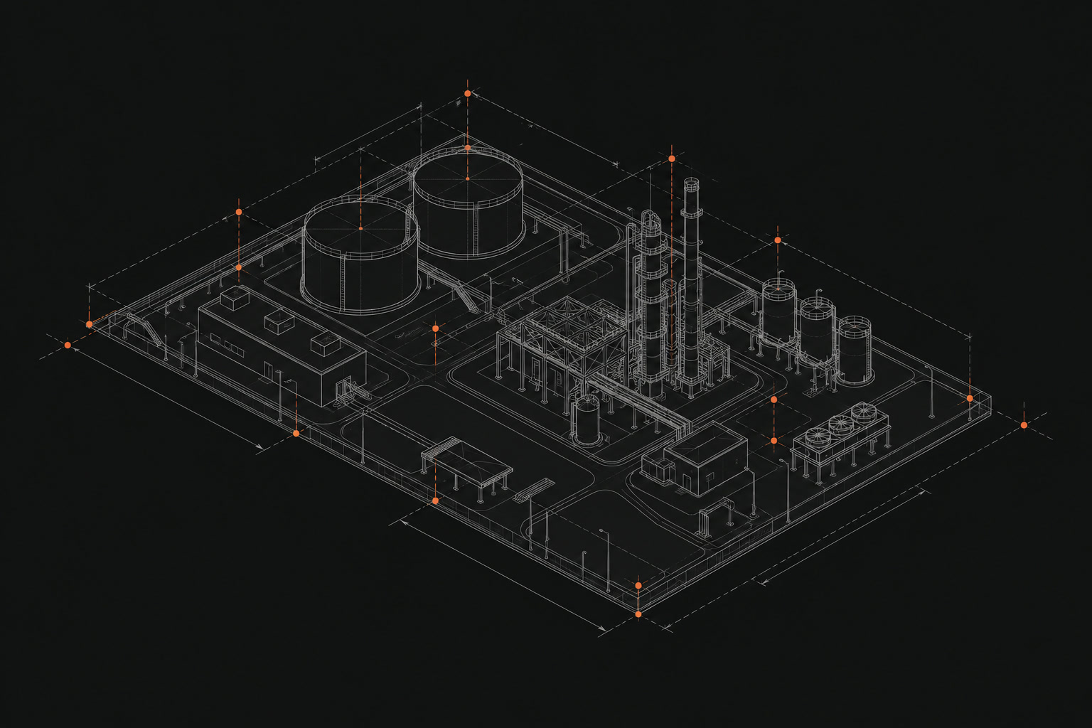 Technical concept sketch of an industrial site plan with highlighted survey points